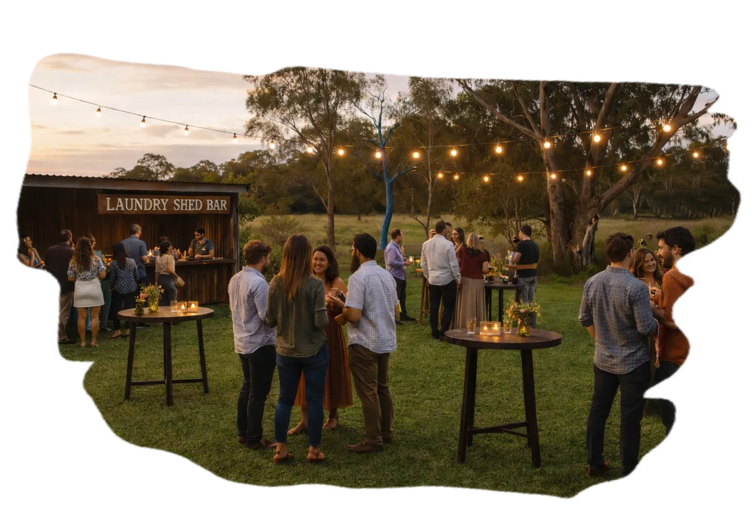 Open sided farm laundry shed bar beside the ceremony lawn at Coffin Rock Distillery