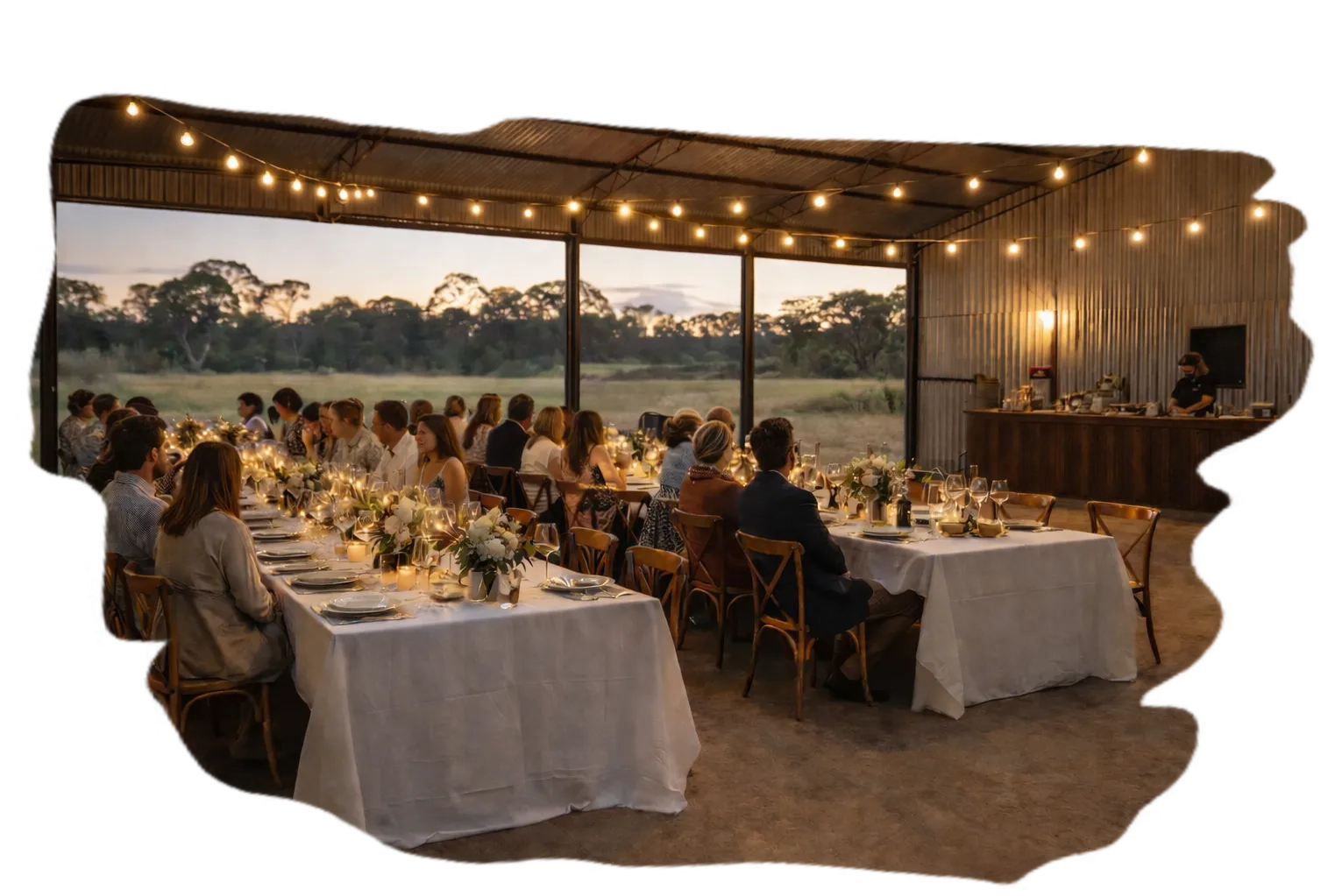 Reception setup inside the Main Shed distillery reception space at Coffin Rock Distillery, York WA, with copper stills and fermenters forming the backdrop.