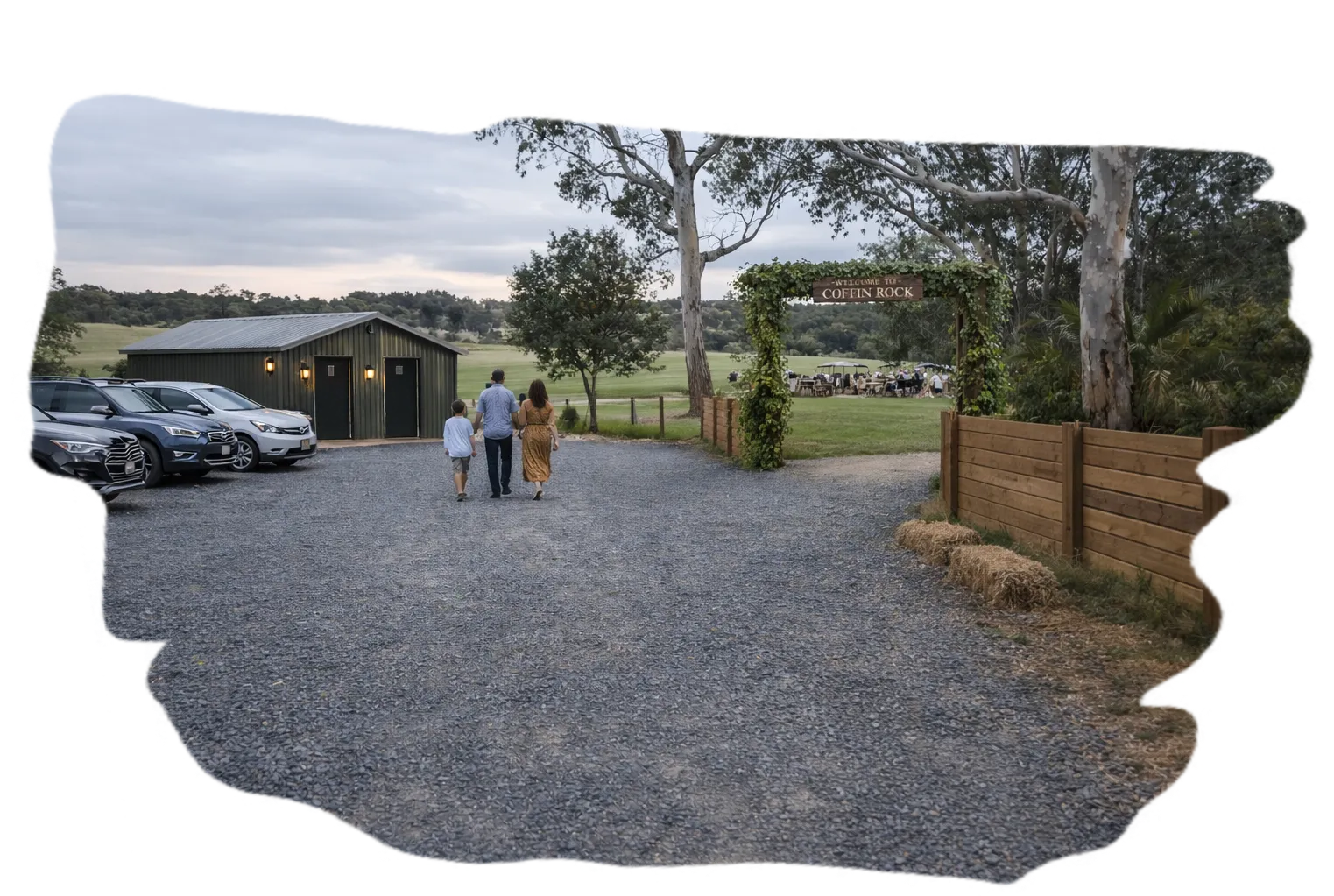 Open lawn area in front of the distillery sheds set up for a private function